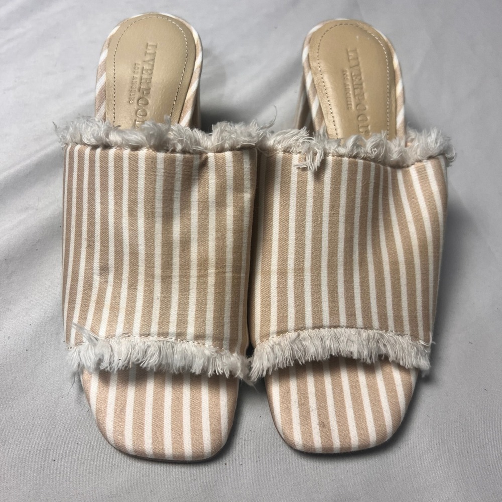 Liverpool Los Angeles Brea Tan White Beach Striped Frayed Block Heel Sandals 6M